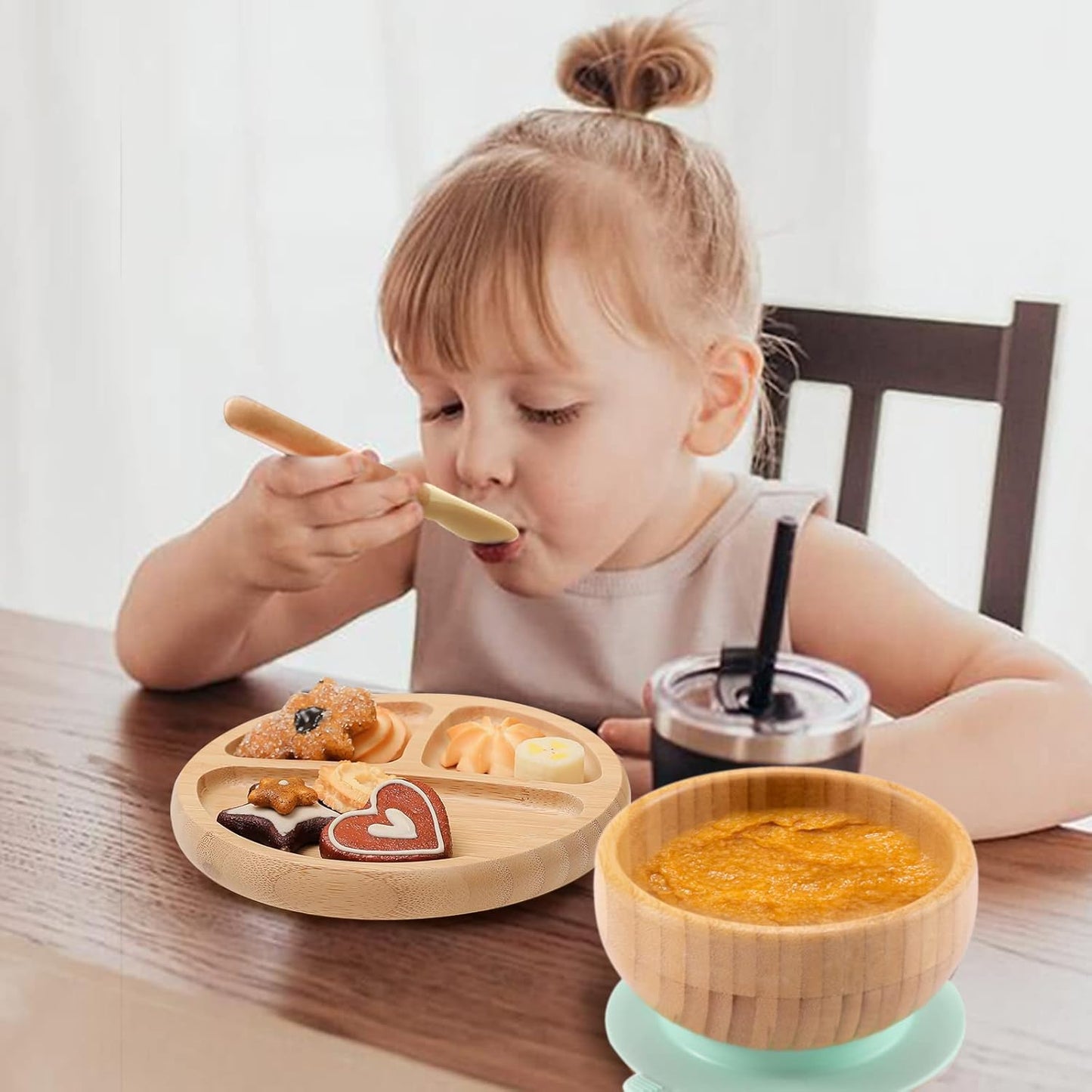 Baby Bamboo Suction Plate, Bowl and Spoon Set, Wooden Feeding Set for Toddler 1-3 Year Old, Silicone Suction Sticks to Most High Chairs for Non Slip & Silicone Spoon Tips with Wood Handle