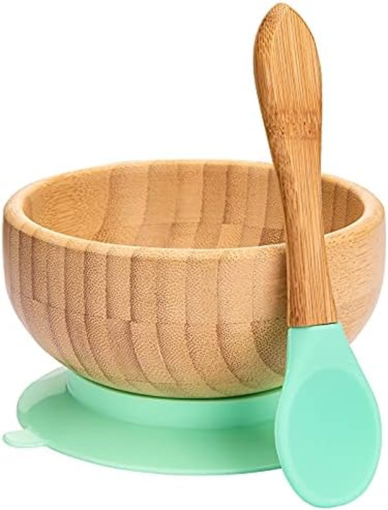 Baby Bamboo Suction Plate, Bowl and Spoon Set, Wooden Feeding Set for Toddler 1-3 Year Old, Silicone Suction Sticks to Most High Chairs for Non Slip & Silicone Spoon Tips with Wood Handle
