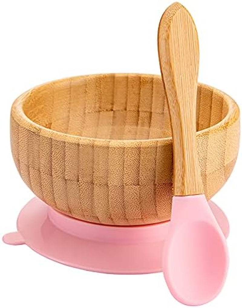 Baby Bamboo Suction Plate, Bowl and Spoon Set, Wooden Feeding Set for Toddler 1-3 Year Old, Silicone Suction Sticks to Most High Chairs for Non Slip & Silicone Spoon Tips with Wood Handle