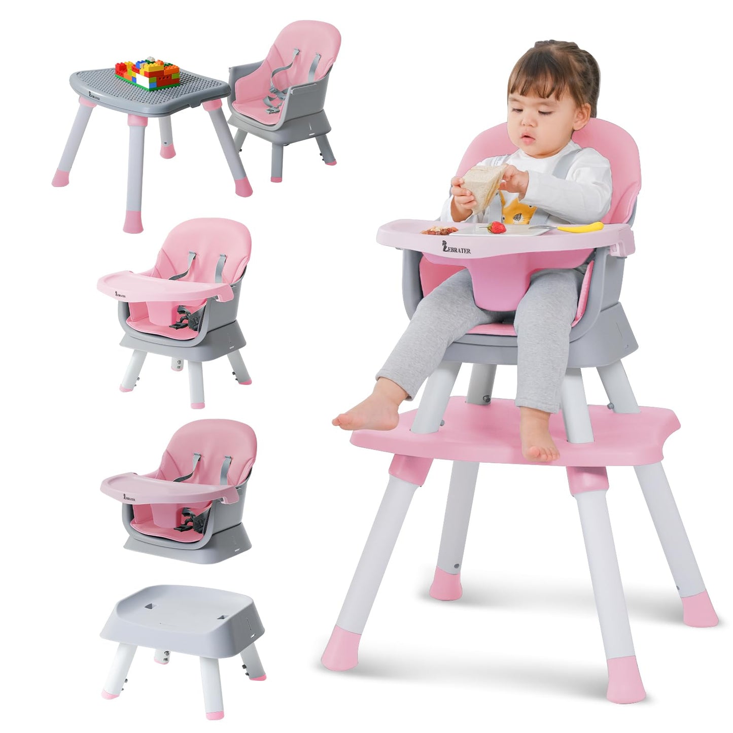 Baby Highchair,8 in 1 High Chairs for Babies and Toddler,Convertible HighChair for Baby, Kids Learning Table,Building Block Table,Kids Stool Table Chair Set with Removable Tray(Grey)