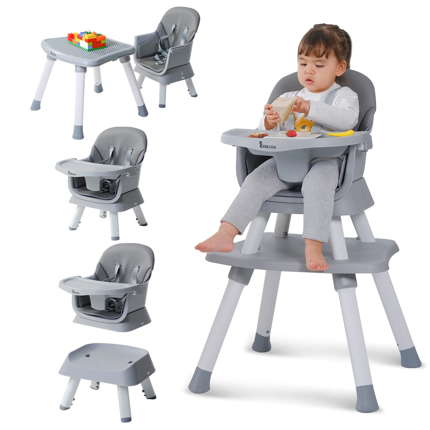 Baby Highchair,8 in 1 High Chairs for Babies and Toddler,Convertible HighChair for Baby, Kids Learning Table,Building Block Table,Kids Stool Table Chair Set with Removable Tray(Grey)