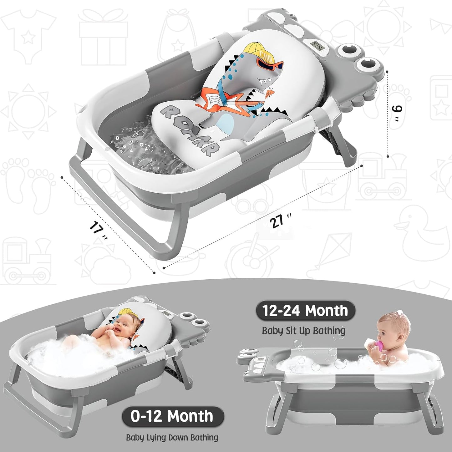Collapsible Baby Bathtub for Newborn with Thermometer & 1 Hooded Towel & 1 Soft Floating Cushion,Portable Travel Bathtub with Drain Hole, Durable Foldable Baby Tubs for Infants to Toddler