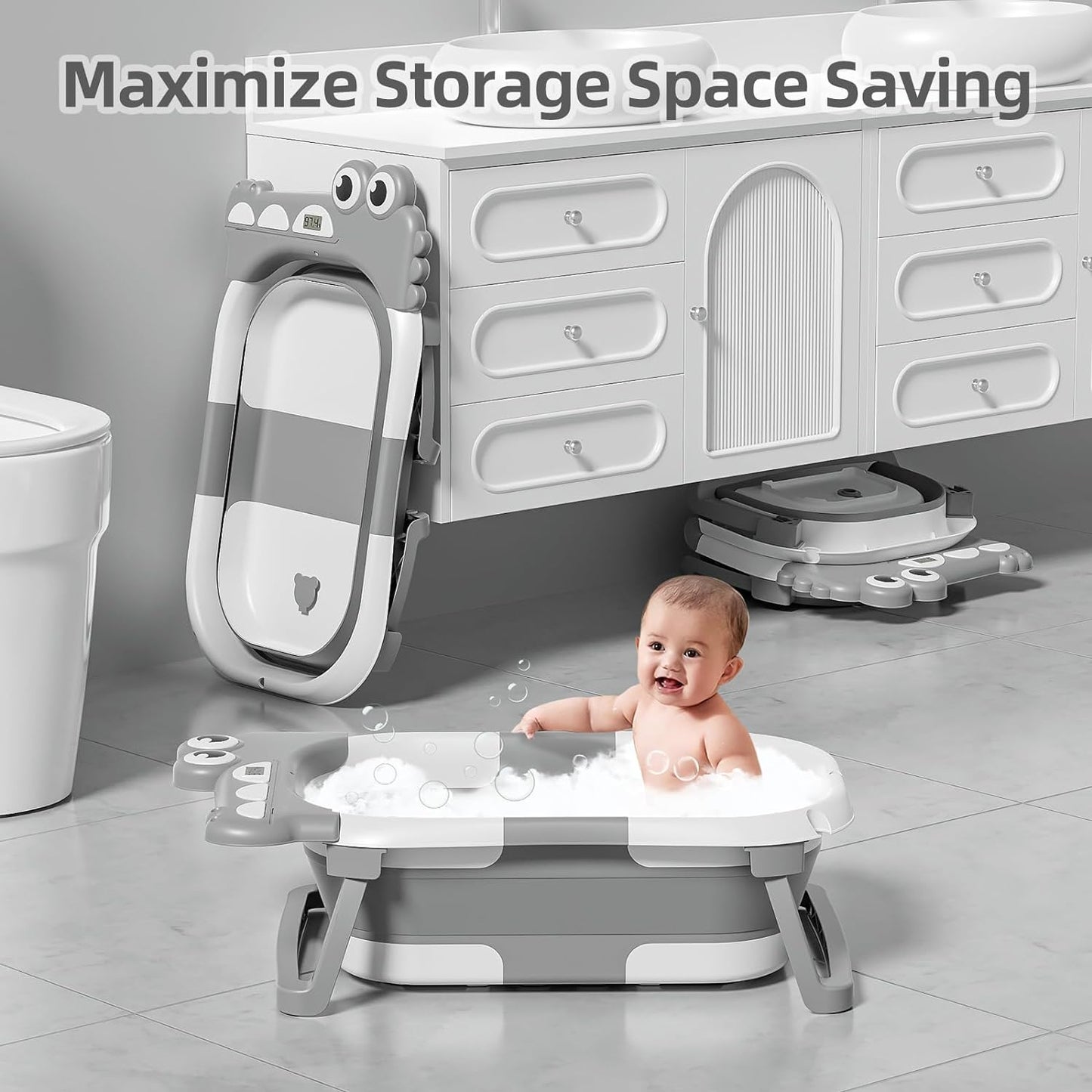 Collapsible Baby Bathtub for Newborn with Thermometer & 1 Hooded Towel & 1 Soft Floating Cushion,Portable Travel Bathtub with Drain Hole, Durable Foldable Baby Tubs for Infants to Toddler