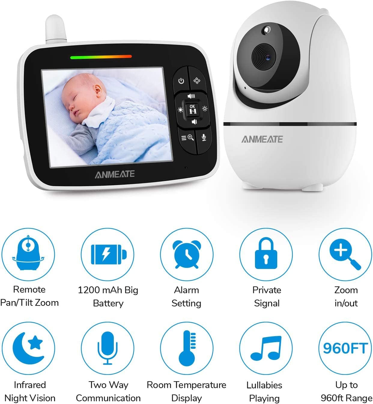 ANMEATE Baby Monitor with Remote Pan-Tilt-Zoom Camera,Large Display Video Baby Monitor with Camera and Audio |Infrared Night Vision |Two Way Talk | Room Temperature| Lullabies and 960Ft Range(Black)