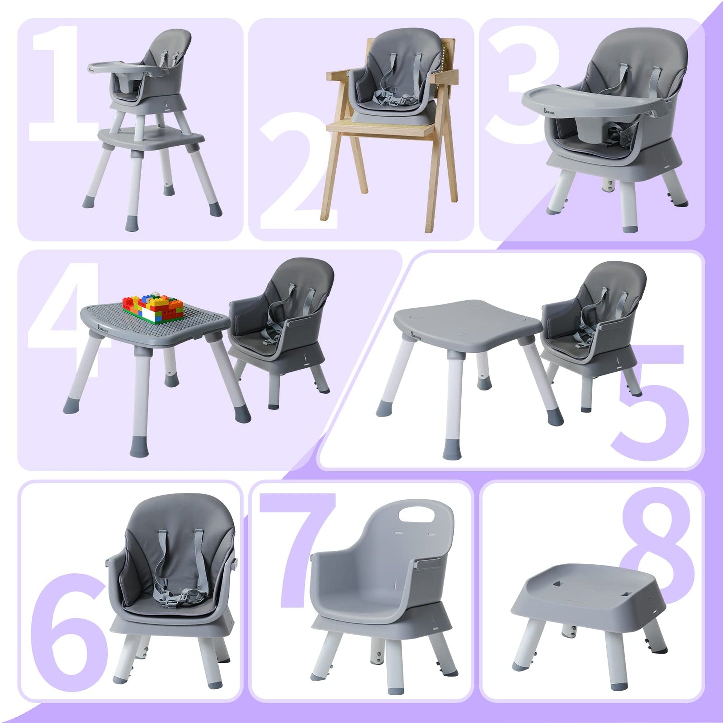 Baby Highchair,8 in 1 High Chairs for Babies and Toddler,Convertible HighChair for Baby, Kids Learning Table,Building Block Table,Kids Stool Table Chair Set with Removable Tray(Grey)