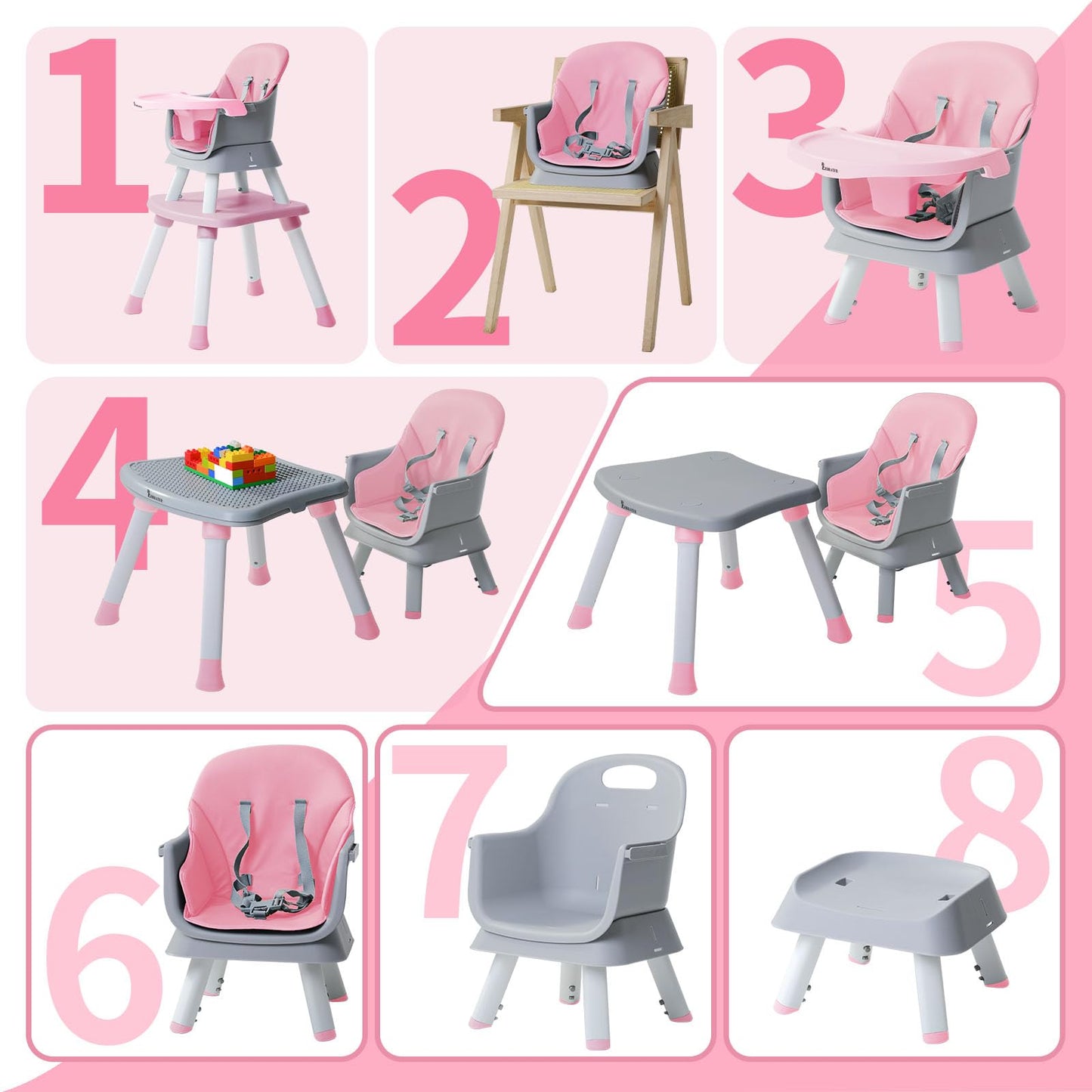 Baby Highchair,8 in 1 High Chairs for Babies and Toddler,Convertible HighChair for Baby, Kids Learning Table,Building Block Table,Kids Stool Table Chair Set with Removable Tray(Grey)