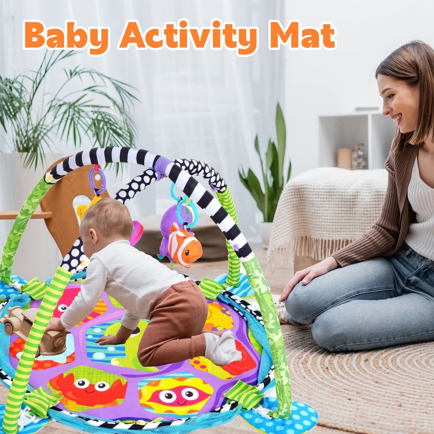 Baby Play Gym ,3 in 1 Baby Play Activity Mat with with 4 Toys, Detachable Arch, Protective Mesh, Ocean Ball,Activity Play Mat for Infant Toddlers Green Turtle