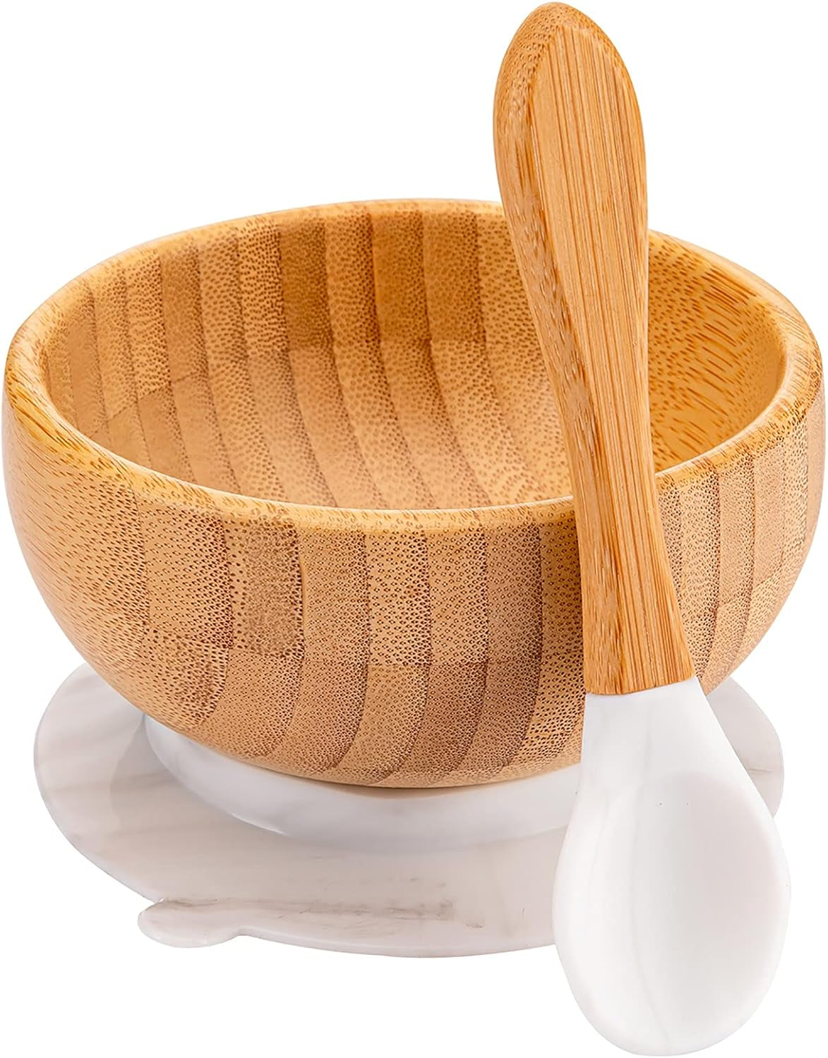 Baby Bamboo Suction Plate, Bowl and Spoon Set, Wooden Feeding Set for Toddler 1-3 Year Old, Silicone Suction Sticks to Most High Chairs for Non Slip & Silicone Spoon Tips with Wood Handle