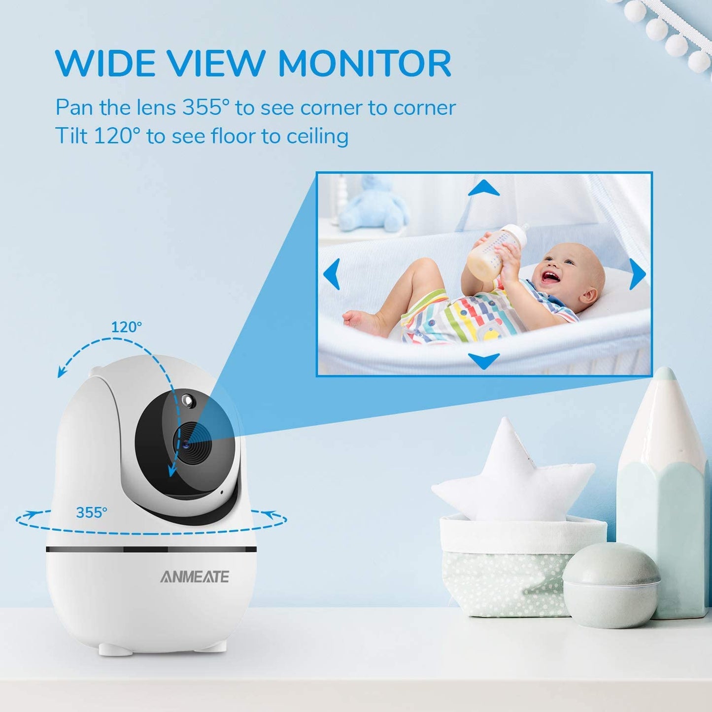 ANMEATE Baby Monitor with Remote Pan-Tilt-Zoom Camera,Large Display Video Baby Monitor with Camera and Audio |Infrared Night Vision |Two Way Talk | Room Temperature| Lullabies and 960Ft Range(Black)