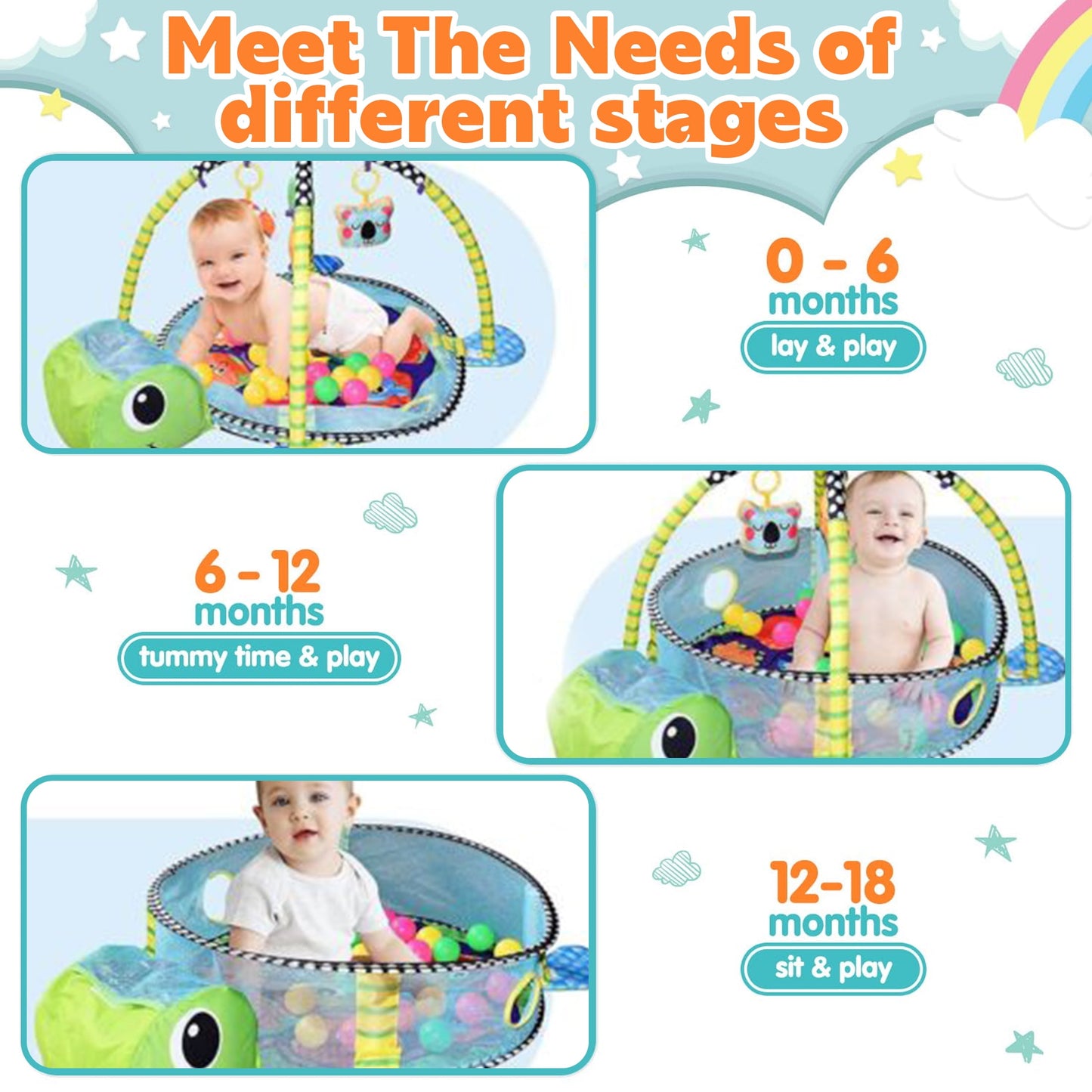 Baby Play Gym ,3 in 1 Baby Play Activity Mat with with 4 Toys, Detachable Arch, Protective Mesh, Ocean Ball,Activity Play Mat for Infant Toddlers Green Turtle