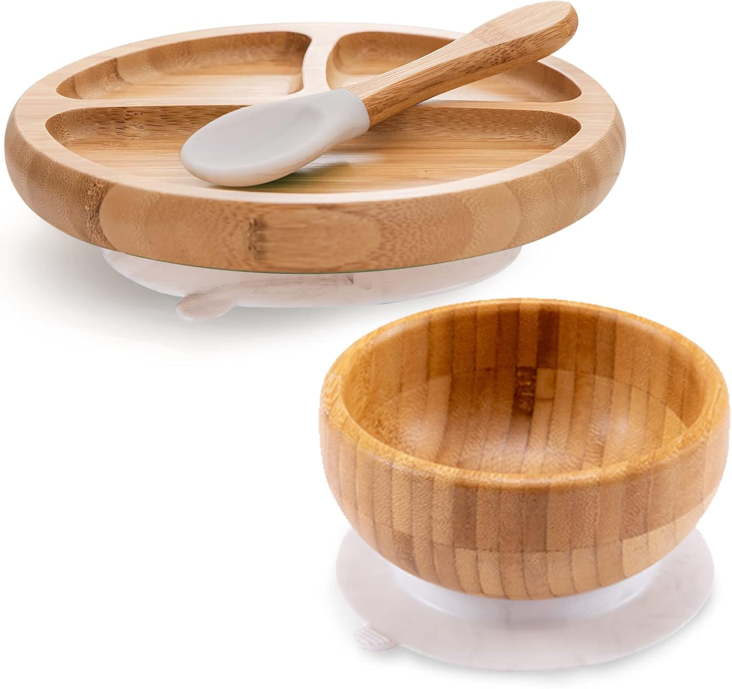 Baby Bamboo Suction Plate, Bowl and Spoon Set, Wooden Feeding Set for Toddler 1-3 Year Old, Silicone Suction Sticks to Most High Chairs for Non Slip & Silicone Spoon Tips with Wood Handle