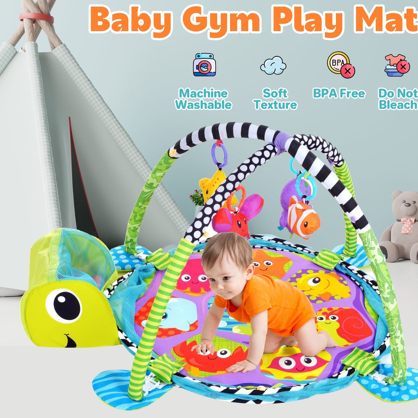 Baby Play Gym ,3 in 1 Baby Play Activity Mat with with 4 Toys, Detachable Arch, Protective Mesh, Ocean Ball,Activity Play Mat for Infant Toddlers Green Turtle