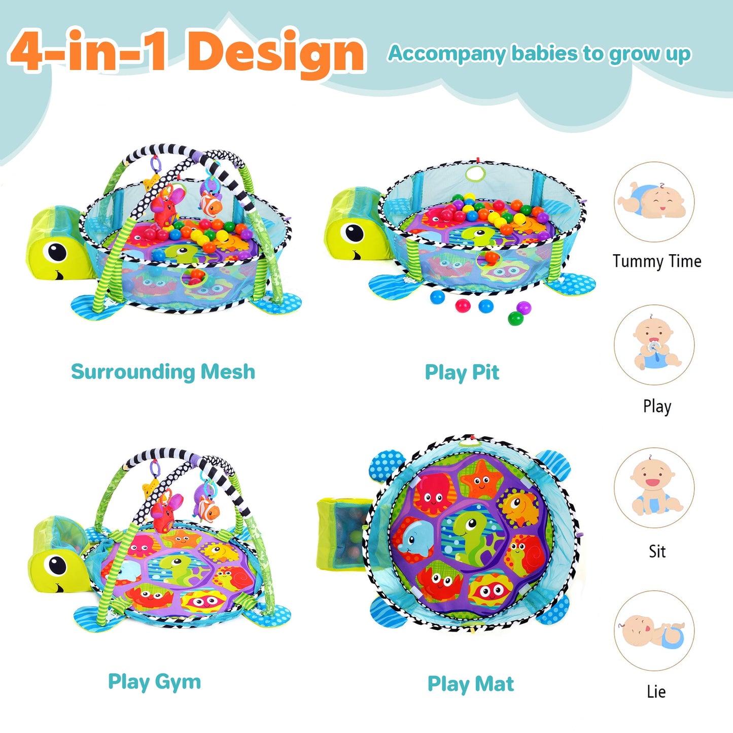 Baby Play Gym ,3 in 1 Baby Play Activity Mat with with 4 Toys, Detachable Arch, Protective Mesh, Ocean Ball,Activity Play Mat for Infant Toddlers Green Turtle