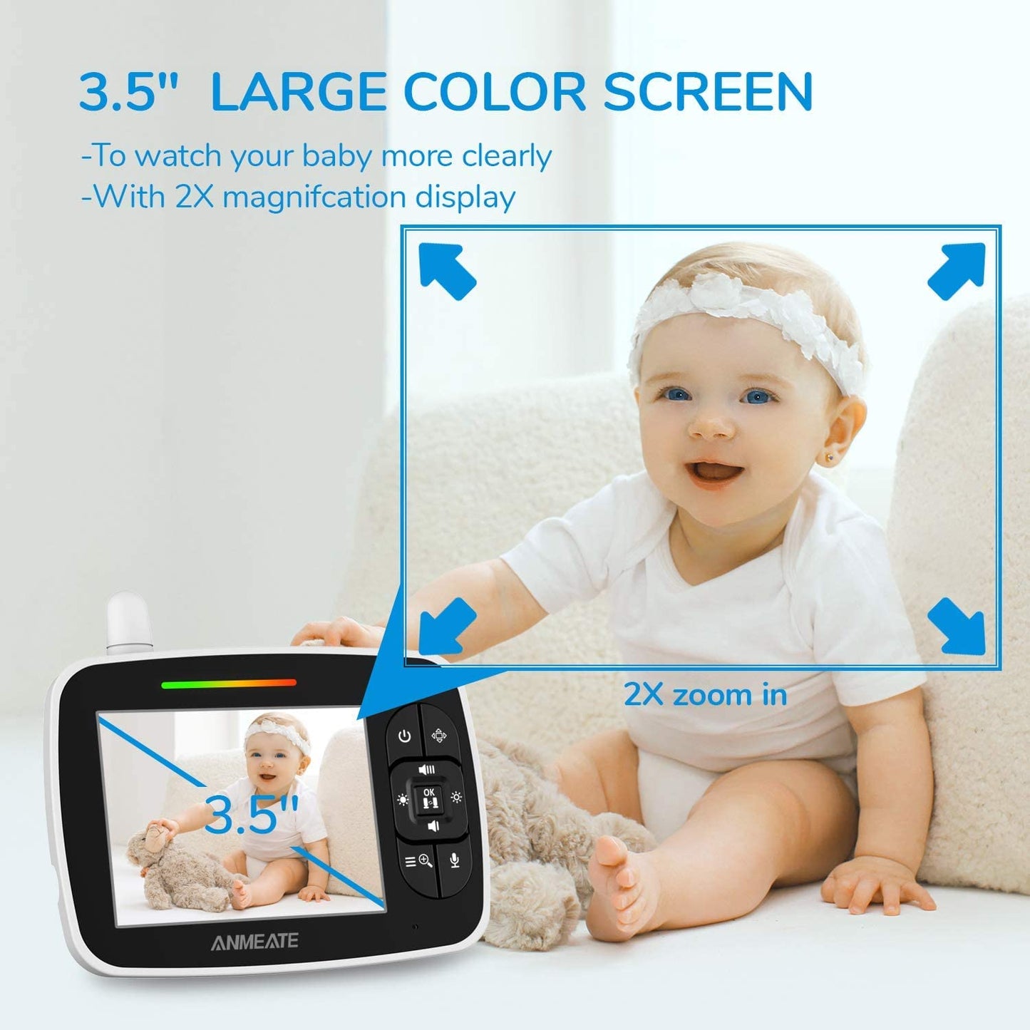ANMEATE Baby Monitor with Remote Pan-Tilt-Zoom Camera,Large Display Video Baby Monitor with Camera and Audio |Infrared Night Vision |Two Way Talk | Room Temperature| Lullabies and 960Ft Range(Black)