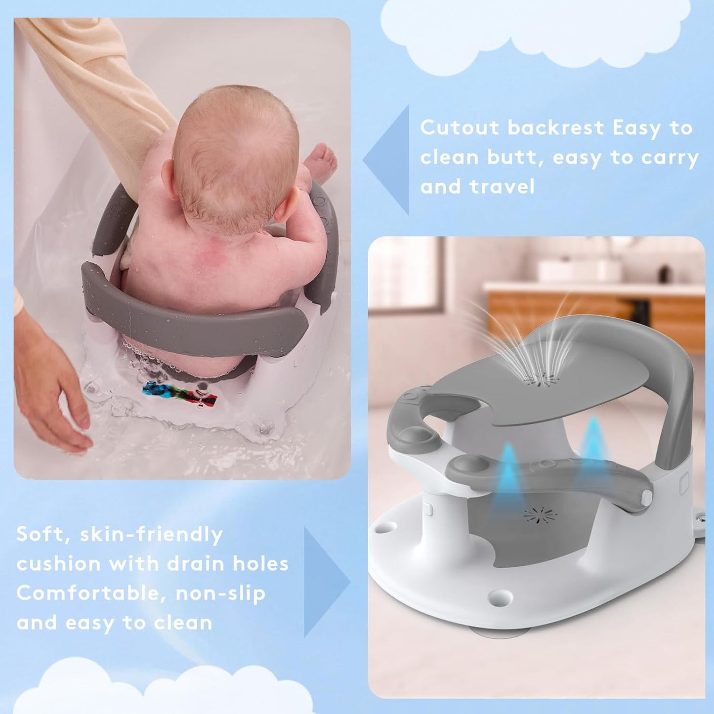 Baby Bath Seat for Babies 6 Months & up Sitting up with Temperature Alert+Soft Cushion+Suction Cup,Infant Bath Seat for Baby Bath Chair Toddler Bath Seat for Bathtub Tub Shower Grey