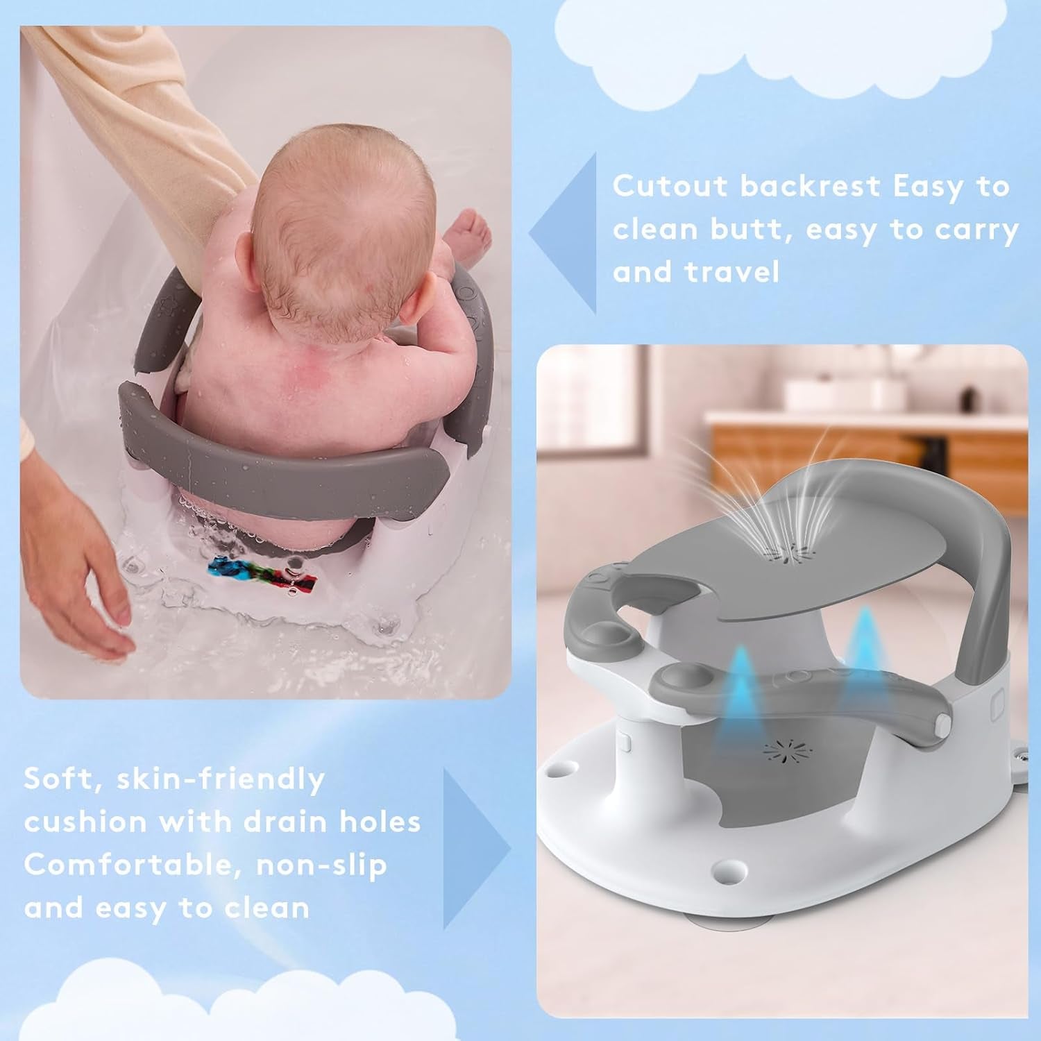 Baby Bath Seat for Babies 6 Months & up Sitting up with Temperature Alert+Soft Cushion+Suction Cup,Infant Bath Seat for Baby Bath Chair Toddler Bath Seat for Bathtub Tub Shower Grey