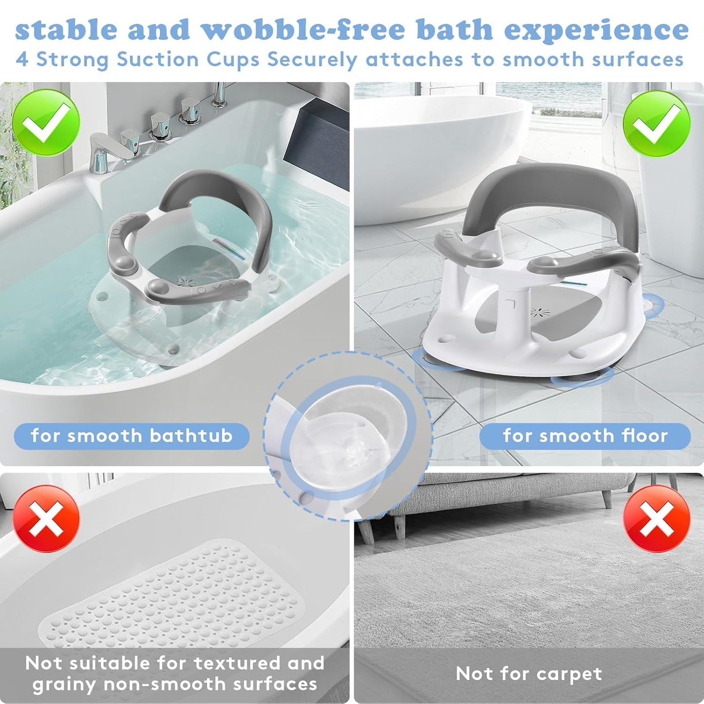 Baby Bath Seat for Babies 6 Months & up Sitting up with Temperature Alert+Soft Cushion+Suction Cup,Infant Bath Seat for Baby Bath Chair Toddler Bath Seat for Bathtub Tub Shower Grey