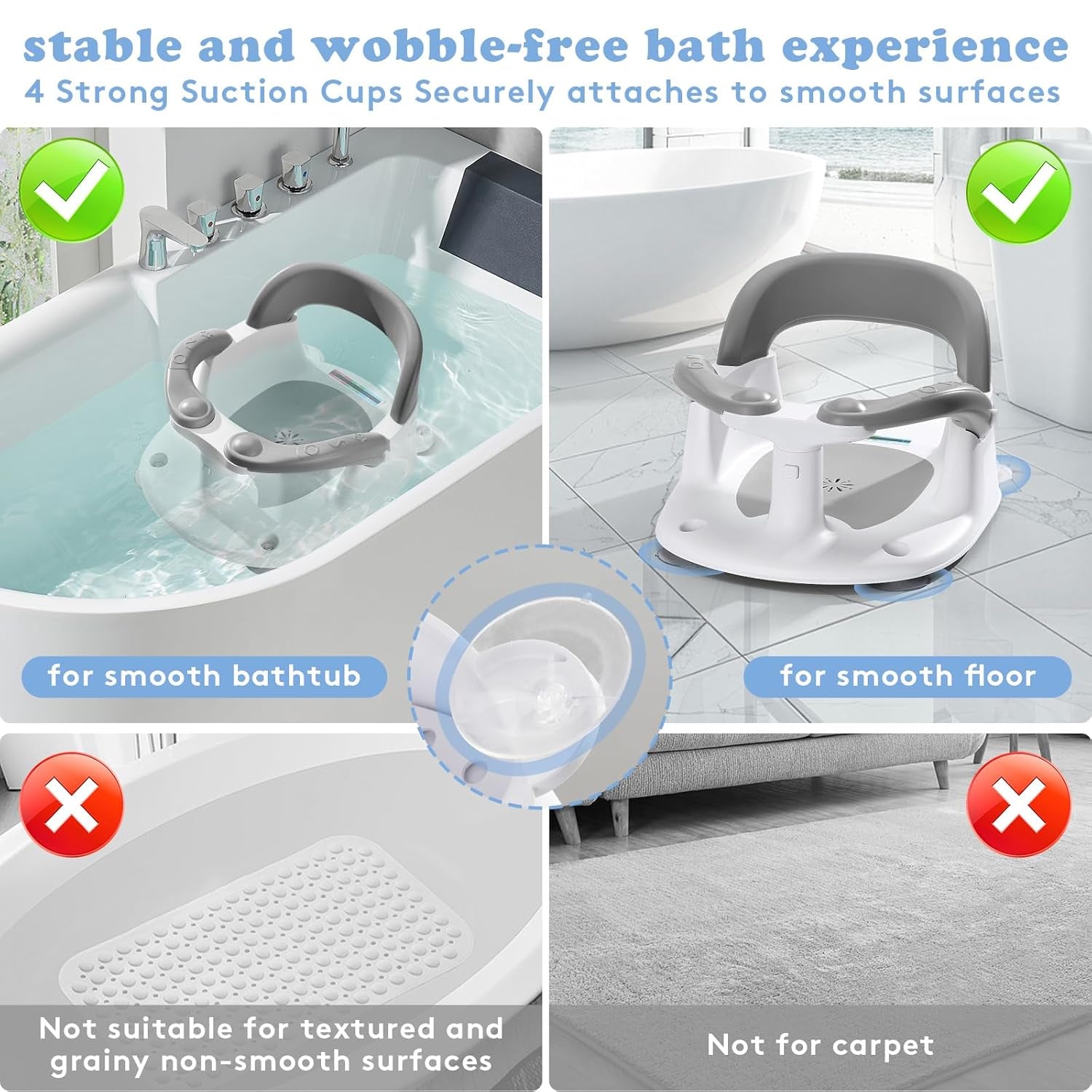 Baby Bath Seat for Babies 6 Months & up Sitting up with Temperature Alert+Soft Cushion+Suction Cup,Infant Bath Seat for Baby Bath Chair Toddler Bath Seat for Bathtub Tub Shower Grey