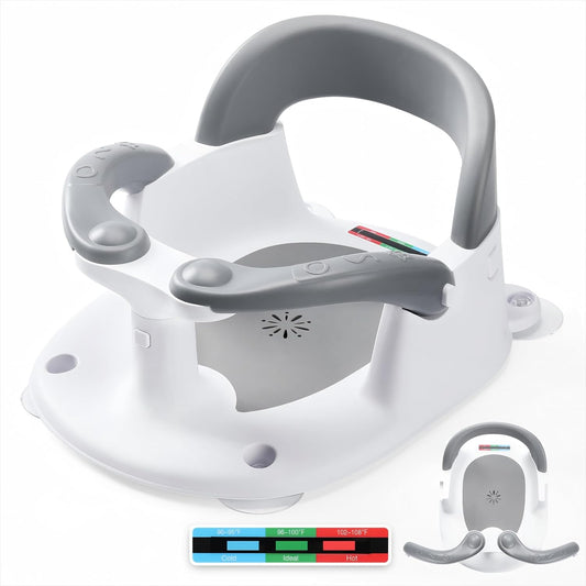 Baby Bath Seat for Babies 6 Months & up Sitting up with Temperature Alert+Soft Cushion+Suction Cup,Infant Bath Seat for Baby Bath Chair Toddler Bath Seat for Bathtub Tub Shower Grey