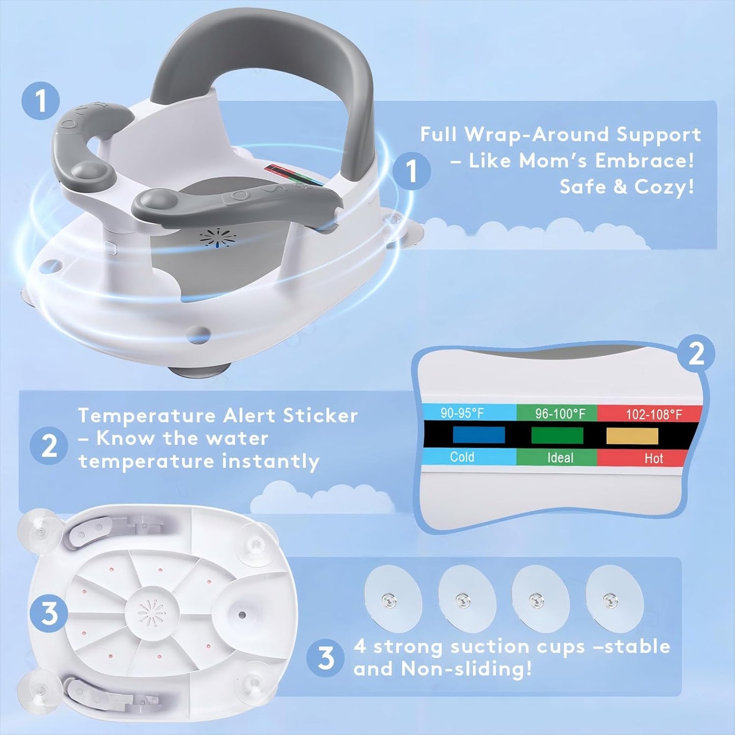 Baby Bath Seat for Babies 6 Months & up Sitting up with Temperature Alert+Soft Cushion+Suction Cup,Infant Bath Seat for Baby Bath Chair Toddler Bath Seat for Bathtub Tub Shower Grey