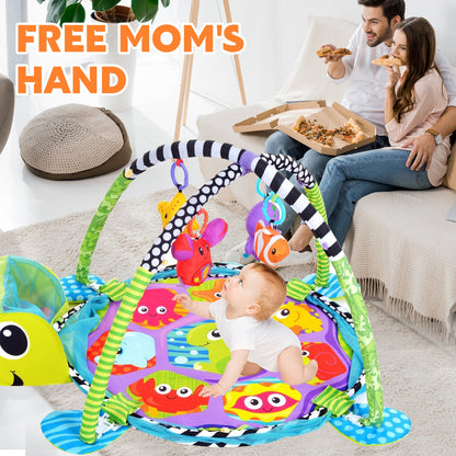 Baby Play Gym ,3 in 1 Baby Play Activity Mat with with 4 Toys, Detachable Arch, Protective Mesh, Ocean Ball,Activity Play Mat for Infant Toddlers Green Turtle