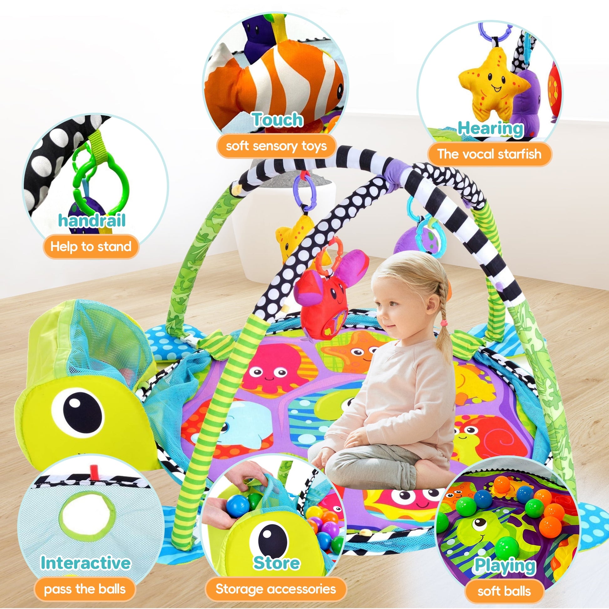 Baby Play Gym ,3 in 1 Baby Play Activity Mat with with 4 Toys, Detachable Arch, Protective Mesh, Ocean Ball,Activity Play Mat for Infant Toddlers Green Turtle