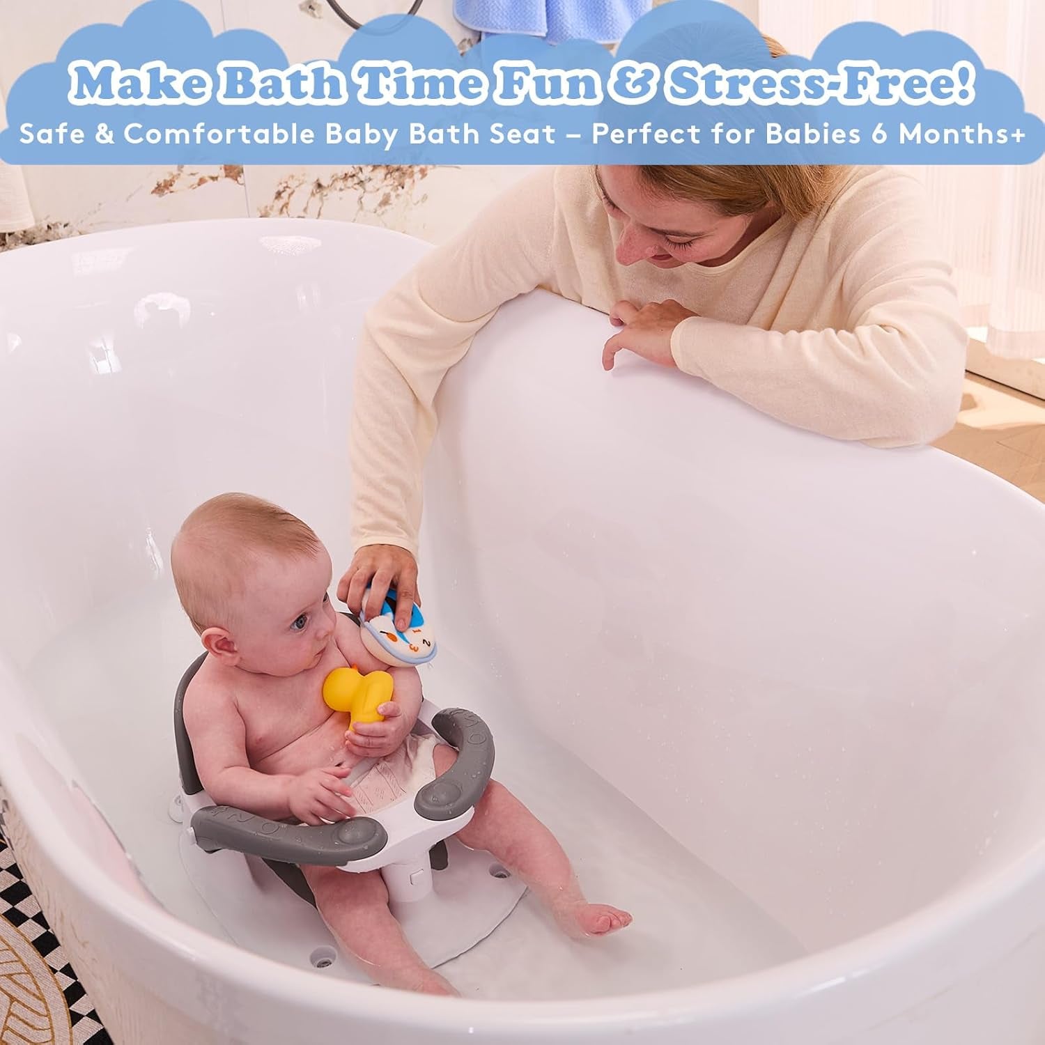 Baby Bath Seat for Babies 6 Months & up Sitting up with Temperature Alert+Soft Cushion+Suction Cup,Infant Bath Seat for Baby Bath Chair Toddler Bath Seat for Bathtub Tub Shower Grey