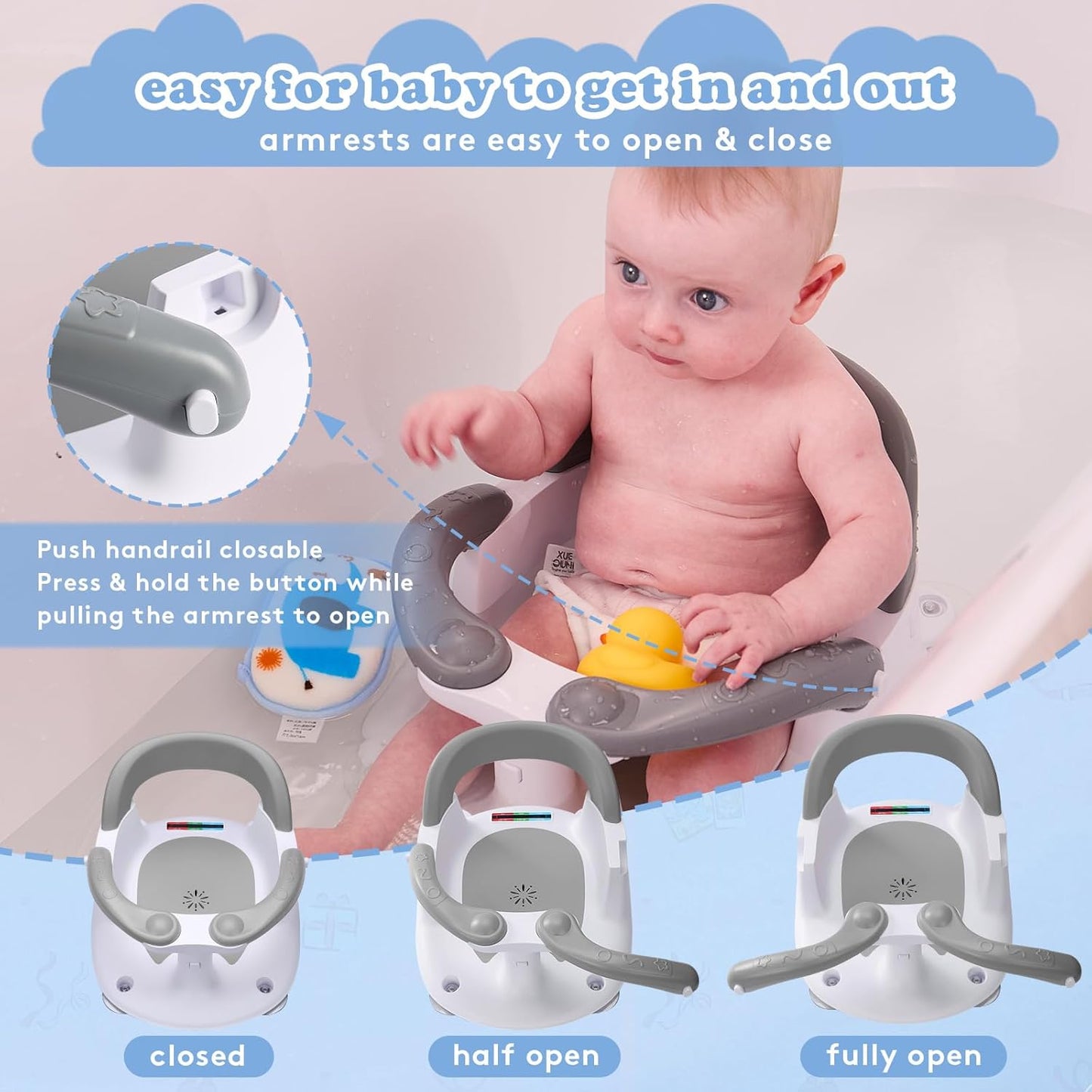 Baby Bath Seat for Babies 6 Months & up Sitting up with Temperature Alert+Soft Cushion+Suction Cup,Infant Bath Seat for Baby Bath Chair Toddler Bath Seat for Bathtub Tub Shower Grey