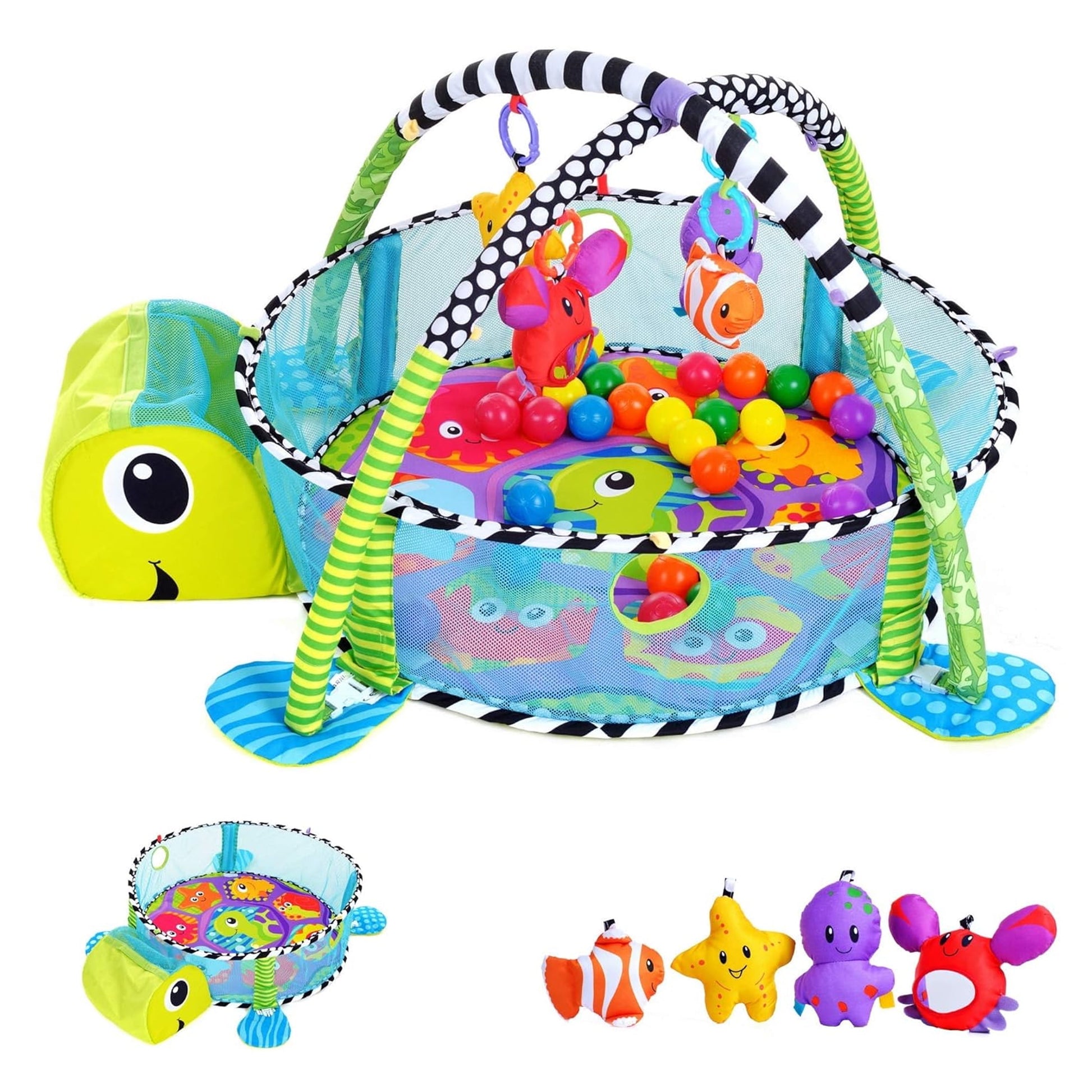 Baby Play Gym ,3 in 1 Baby Play Activity Mat with with 4 Toys, Detachable Arch, Protective Mesh, Ocean Ball,Activity Play Mat for Infant Toddlers Green Turtle