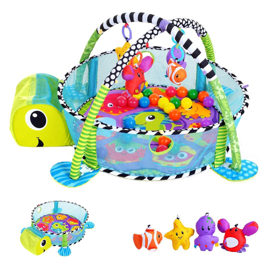 Baby Play Gym ,3 in 1 Baby Play Activity Mat with with 4 Toys, Detachable Arch, Protective Mesh, Ocean Ball,Activity Play Mat for Infant Toddlers Green Turtle