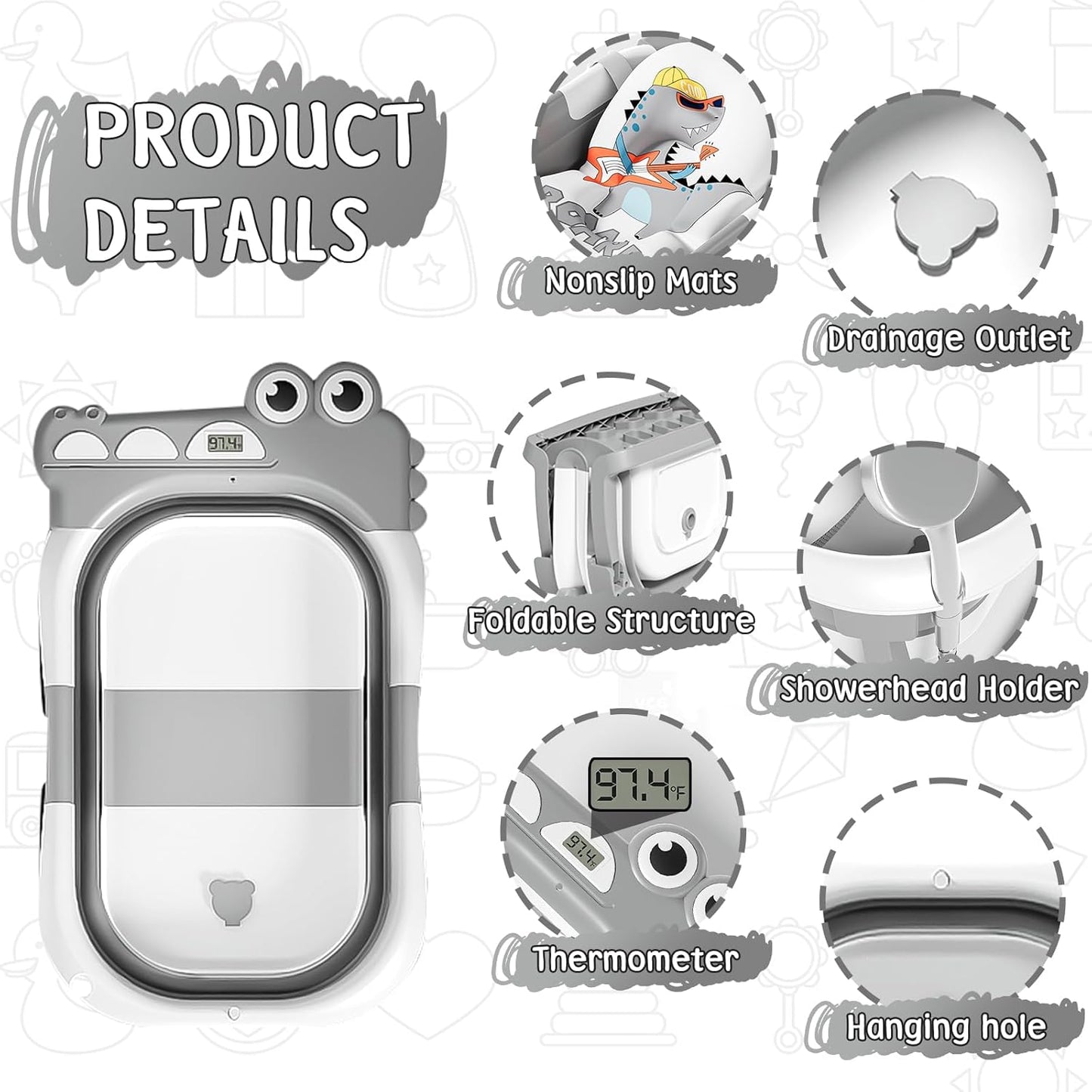 Collapsible Baby Bathtub for Newborn with Thermometer & 1 Hooded Towel & 1 Soft Floating Cushion,Portable Travel Bathtub with Drain Hole, Durable Foldable Baby Tubs for Infants to Toddler