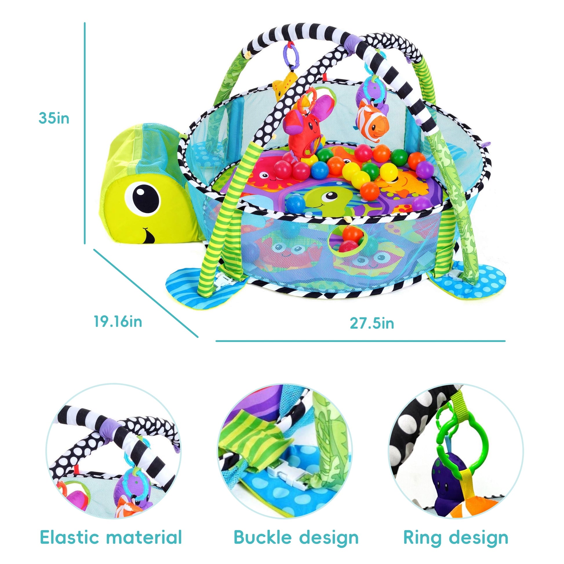 Baby Play Gym ,3 in 1 Baby Play Activity Mat with with 4 Toys, Detachable Arch, Protective Mesh, Ocean Ball,Activity Play Mat for Infant Toddlers Green Turtle